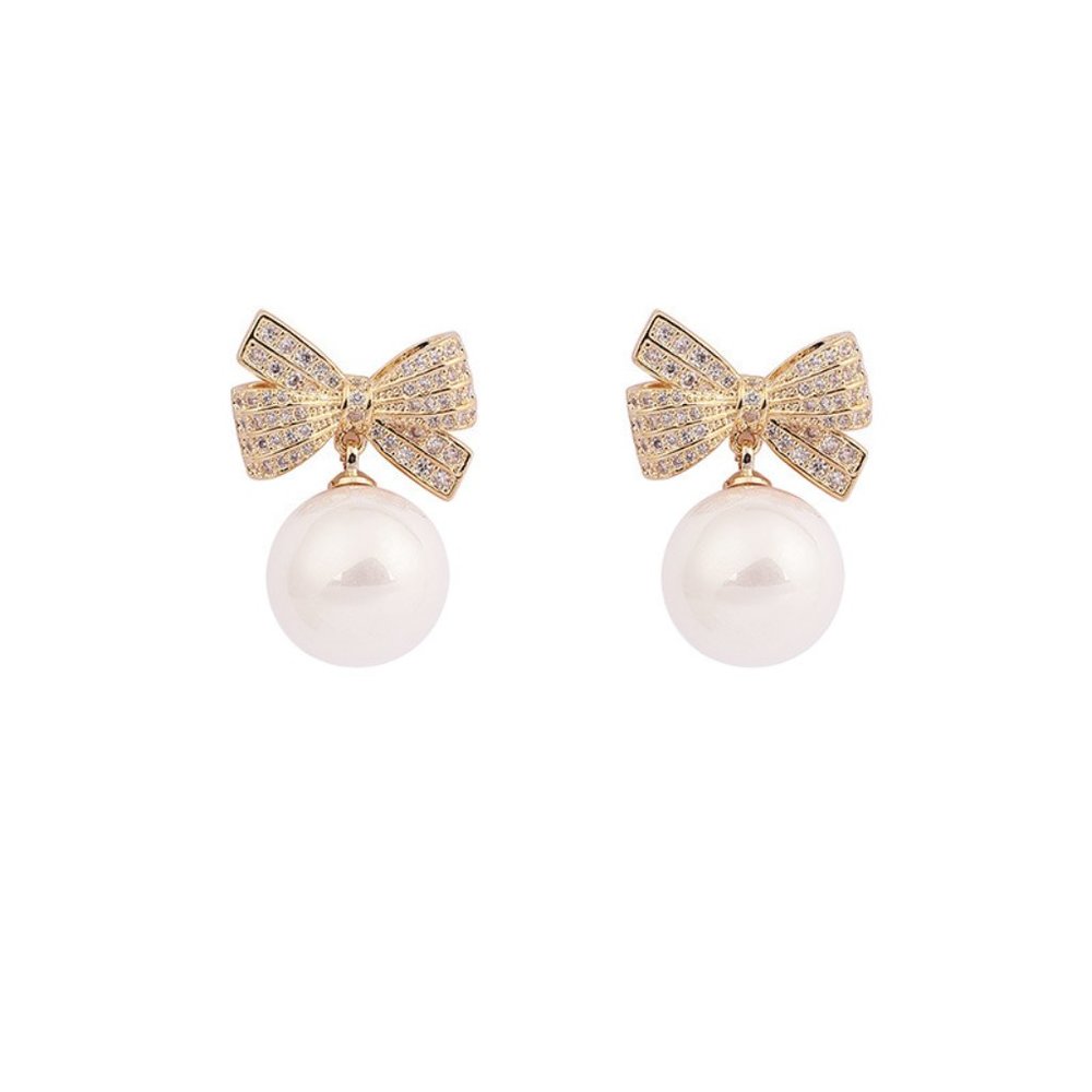 Gold Pearl Bow Earrings - Picture 3 of 6